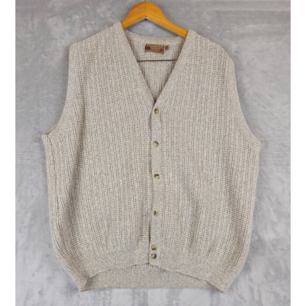 SHENANDOAH Sweater Vest Mens XL Sleeveless Button‎ Up Knit Grid Tan USA Made